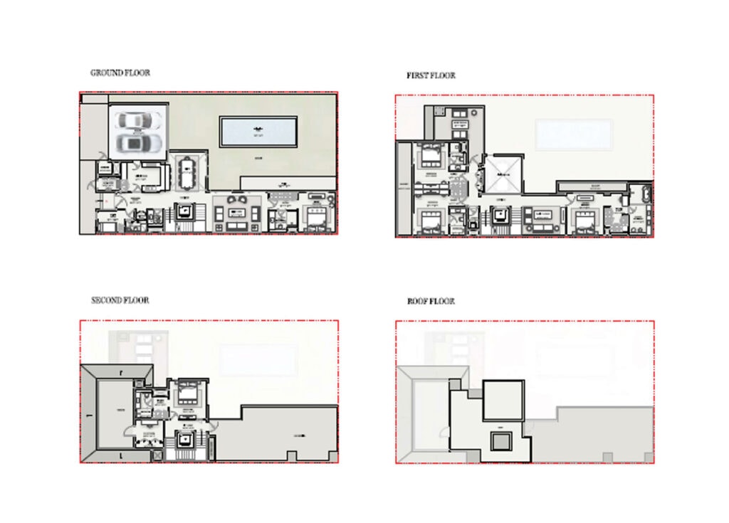 Overview plan of Sobha Reserve villa complex with ground floor, first and second floor, rooftop.